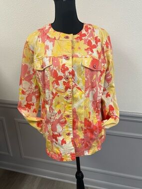 D & CO.  Floral buttoned jacket, pink/yellow Sz Large (1019)